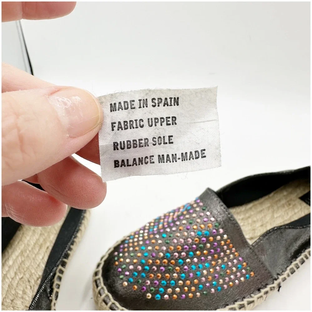 SESTO MulEmbellished Espadrille Flats Metallic‎ Black Rhinestone Slip On Shoe